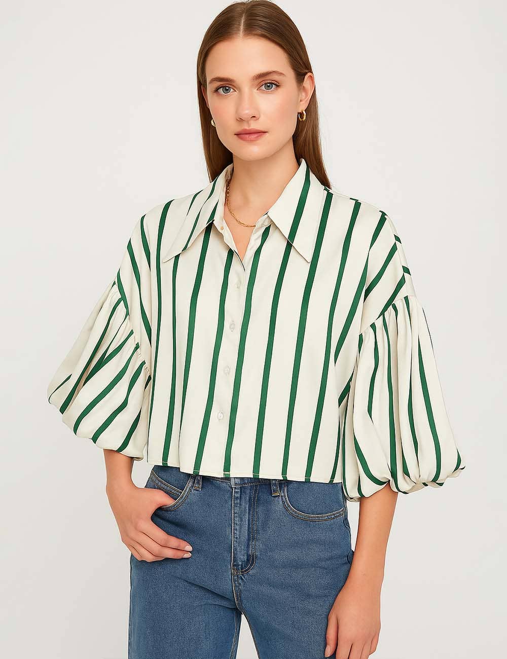 Ladies Striped Puff Sleeves Button Shirt SP068 - The Village Retail