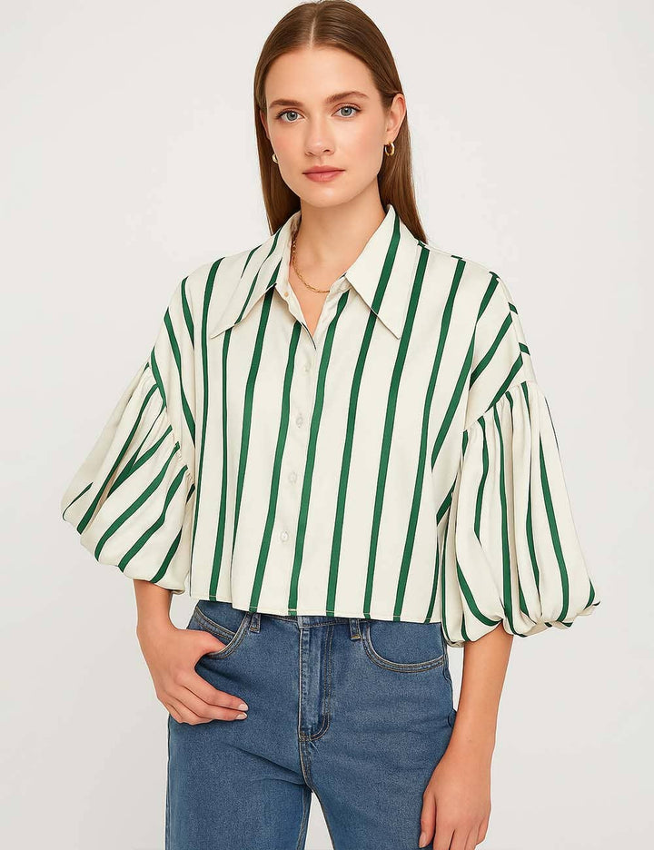 Ladies Striped Puff Sleeves Button Shirt SP068 - The Village Retail