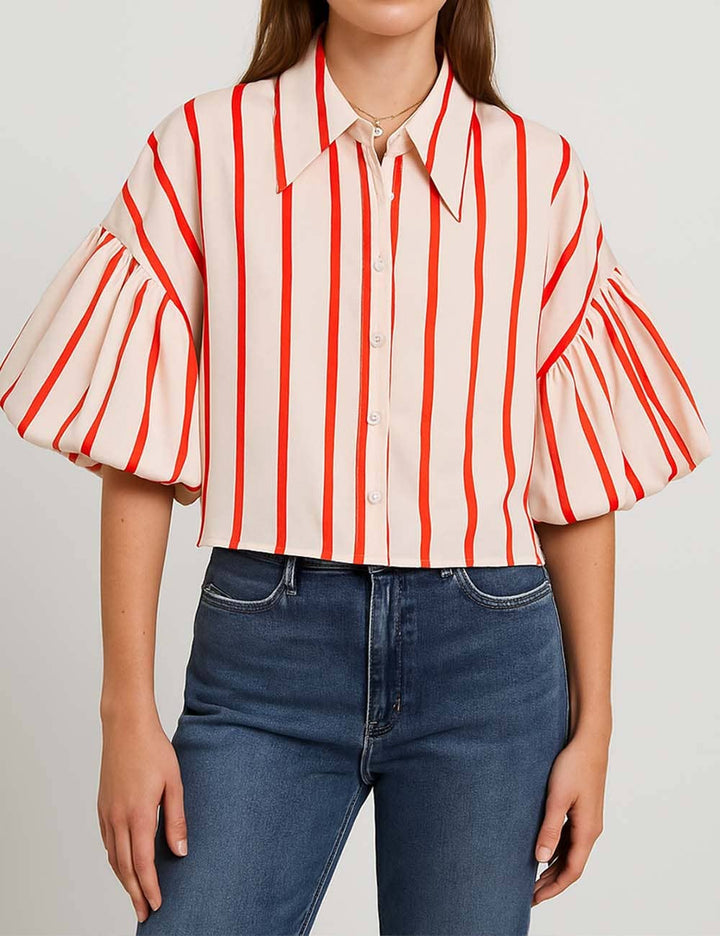 Ladies Striped Puff Sleeves Button Shirt SP068 - The Village Retail