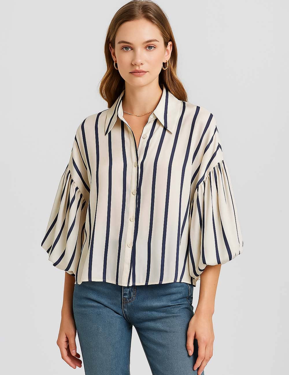 Ladies Striped Puff Sleeves Button Shirt SP068 - The Village Retail