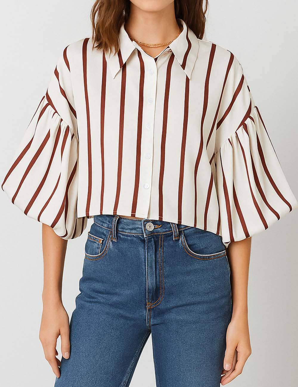 Ladies Striped Puff Sleeves Button Shirt SP068 - The Village Retail
