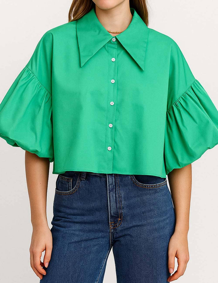 Ladies Striped Puff Sleeves Button Shirt SP068 - The Village Retail