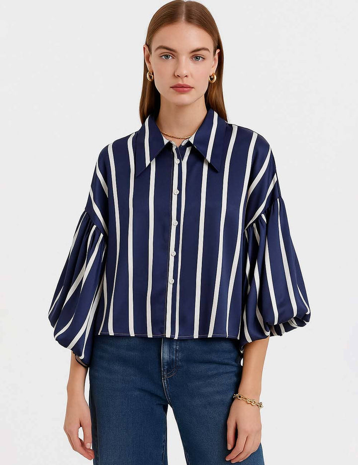 Ladies Striped Puff Sleeves Button Shirt SP068 - The Village Retail