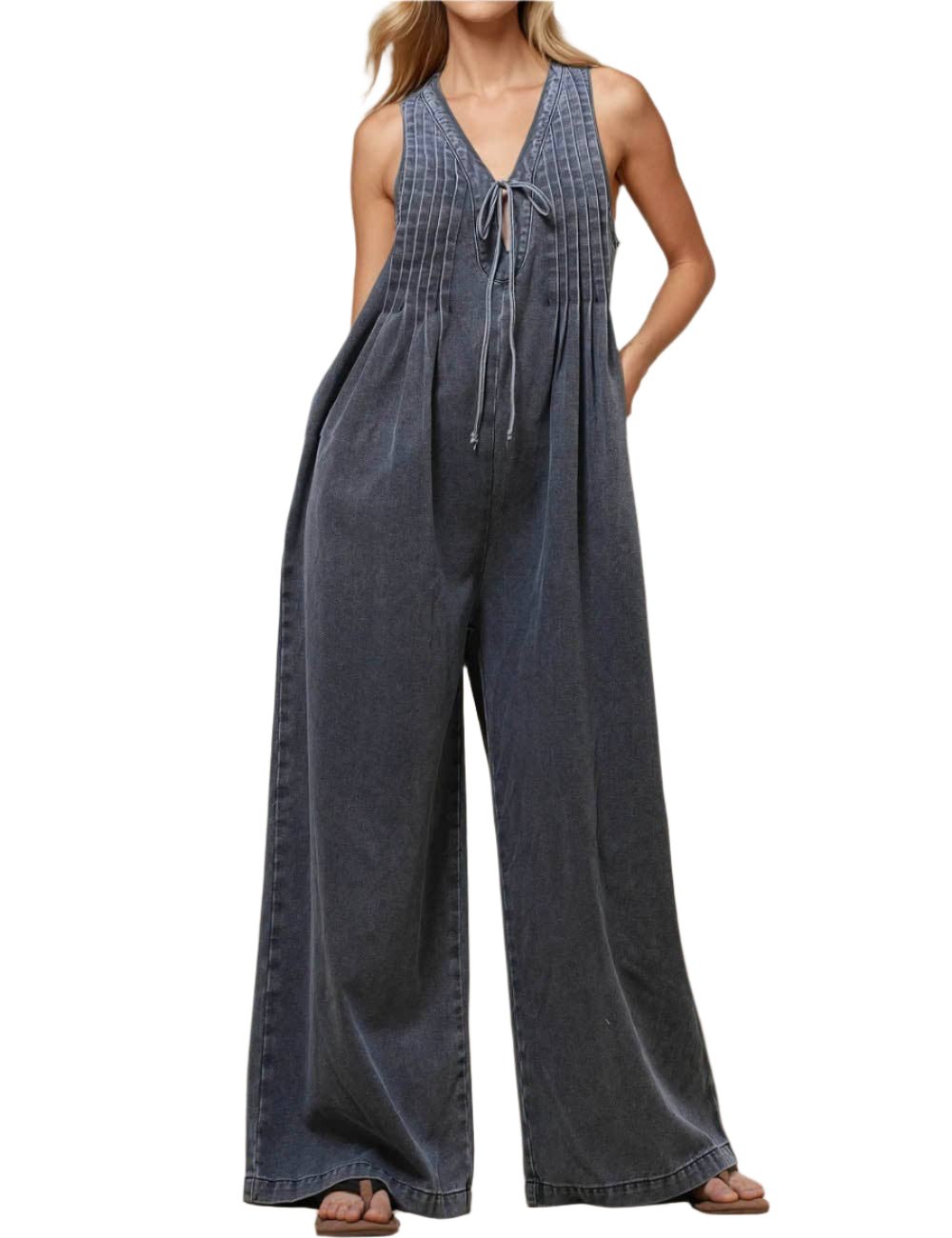 Ladies V - Neck Sleeveless String Tie Jumpsuit: Dark Grey - The Village Retail