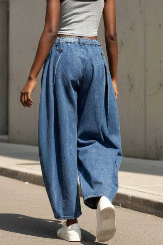 Pleated Wide - leg Denim Pants - The Village Retail