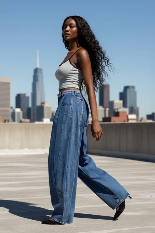 Pleated Wide - leg Denim Pants - The Village Retail