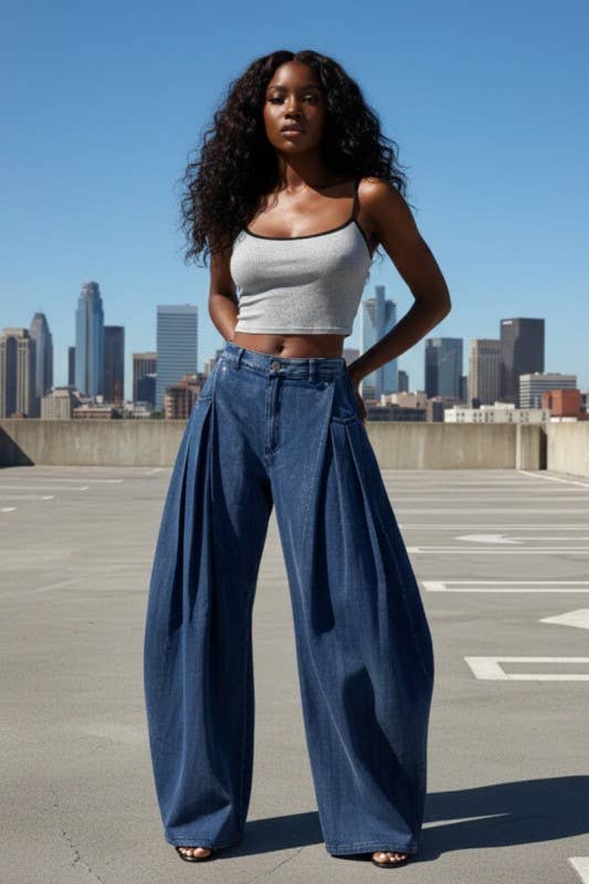 Pleated Wide - leg Denim Pants - The Village Retail
