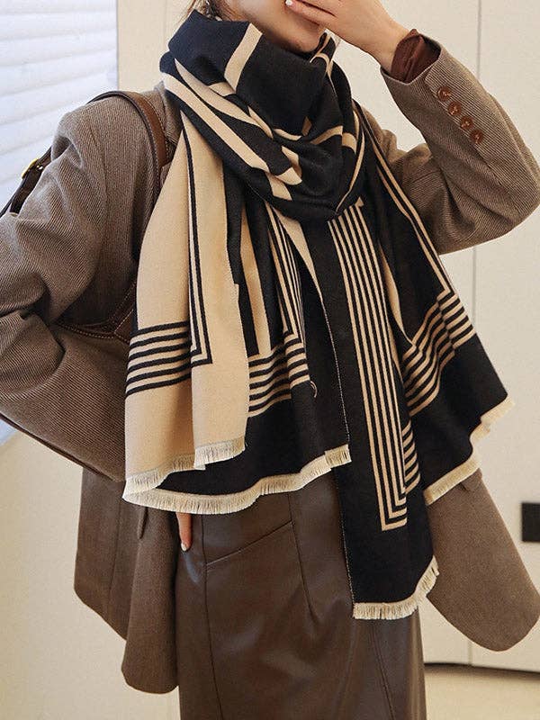 Retro Striped Tassel Shawl & Scarf: BEIGE BLACK / FREE SIZE - The Village Retail