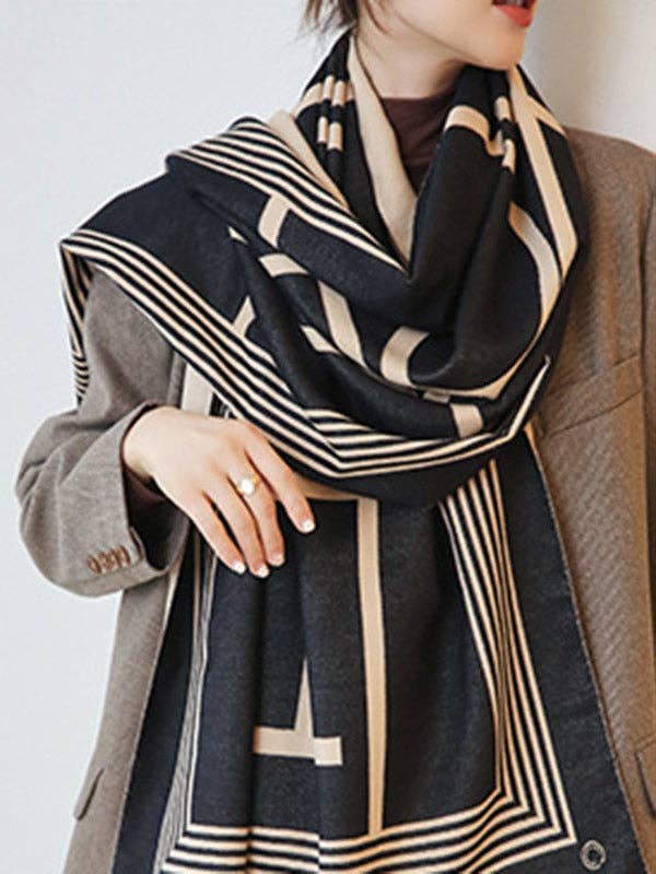 Retro Striped Tassel Shawl & Scarf: BEIGE BLACK / FREE SIZE - The Village Retail