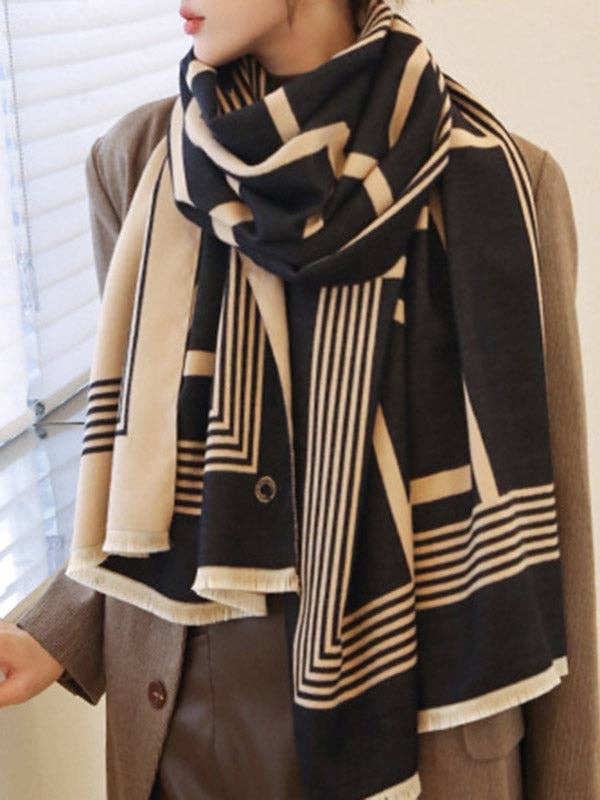 Retro Striped Tassel Shawl & Scarf: BEIGE BLACK / FREE SIZE - The Village Retail