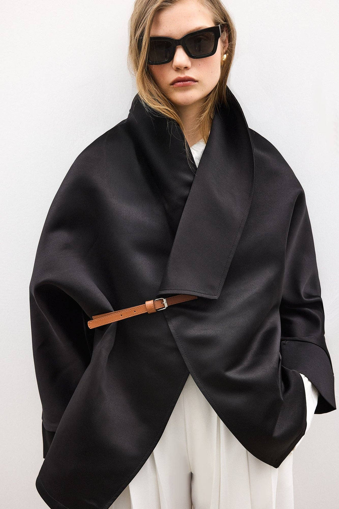 Satin Wrap Jacket with Leather Belt – Modern Minimal - The Village Retail