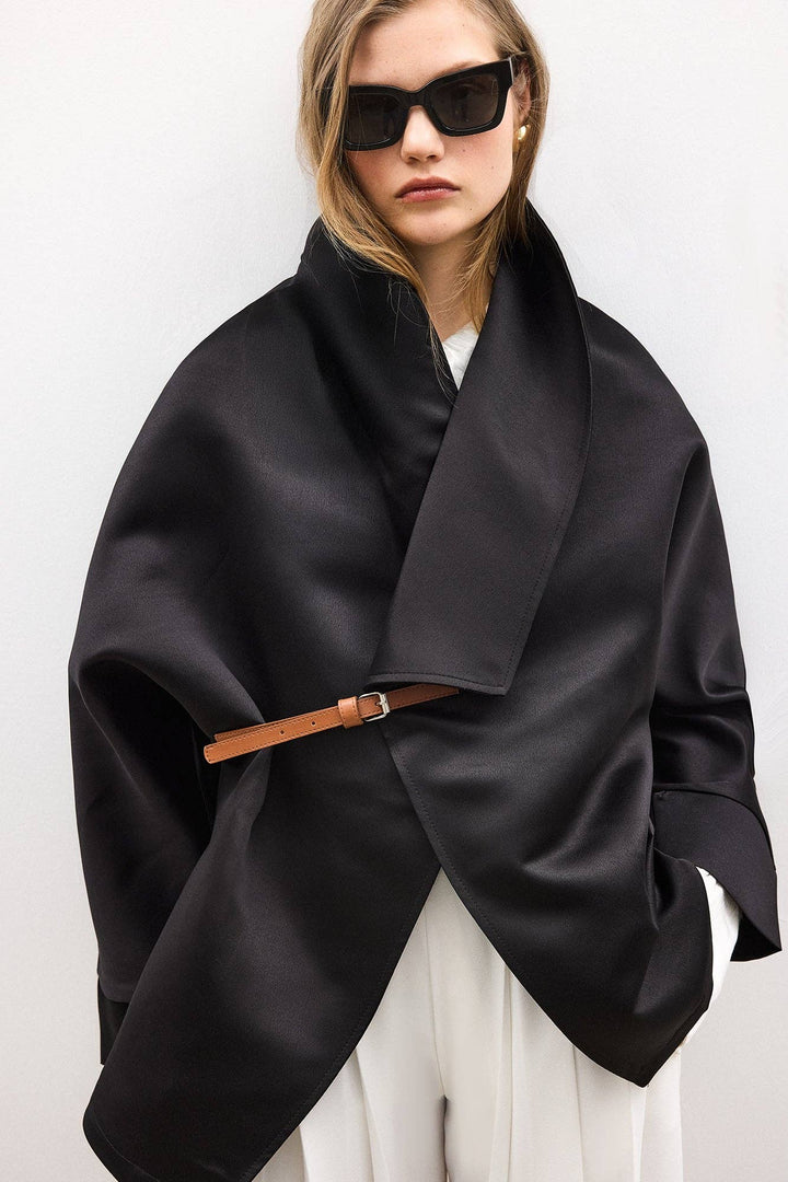 Satin Wrap Jacket with Leather Belt – Modern Minimal - The Village Retail