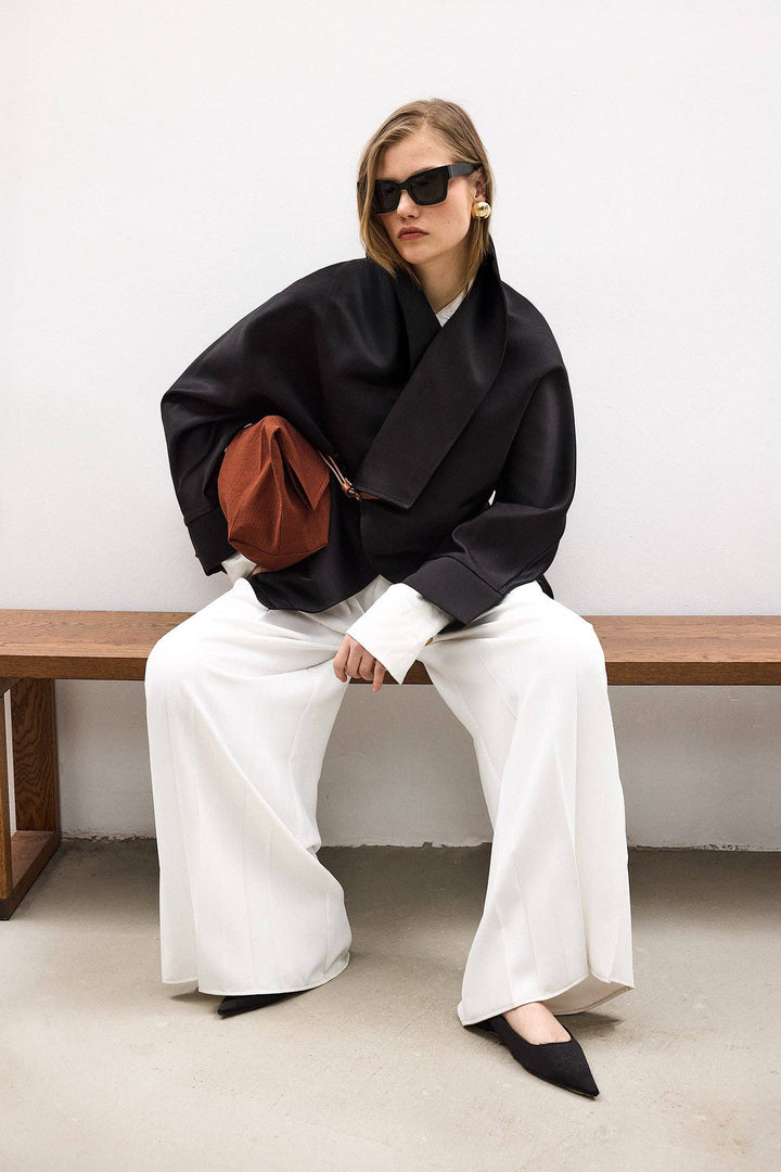 Satin Wrap Jacket with Leather Belt – Modern Minimal - The Village Retail