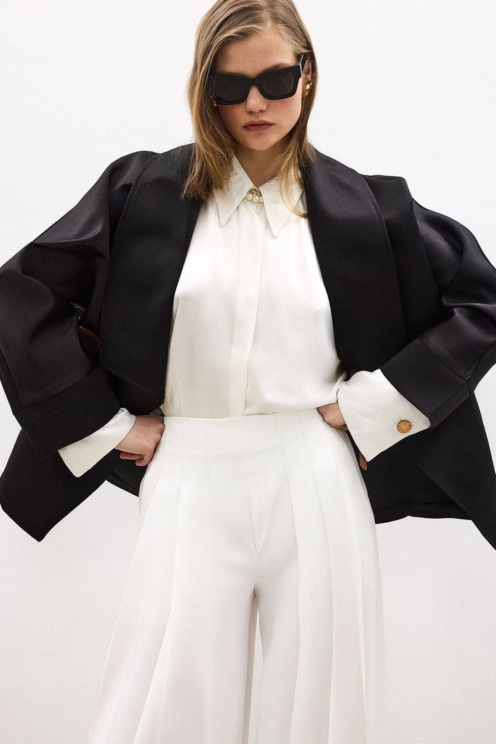 Satin Wrap Jacket with Leather Belt – Modern Minimal - The Village Retail