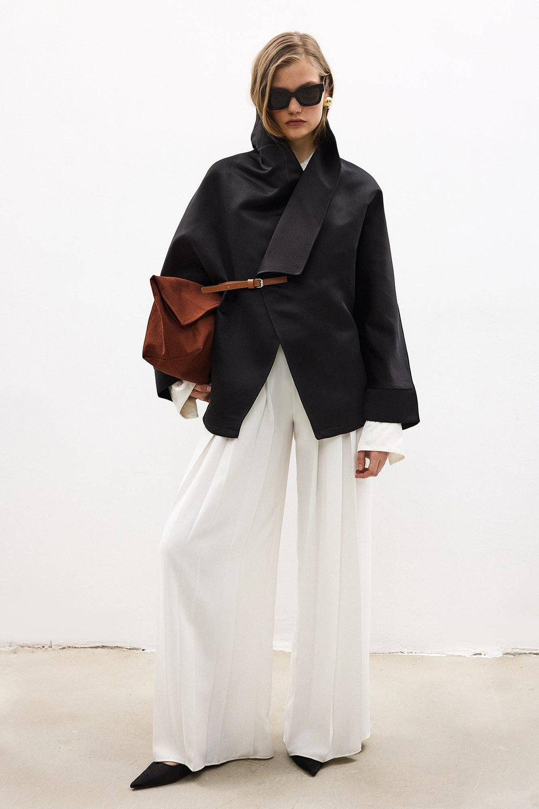 Satin Wrap Jacket with Leather Belt – Modern Minimal - The Village Retail