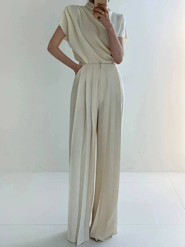 Solid Color Pleated High - Waisted Wide Leg Urban Pants - The Village Retail