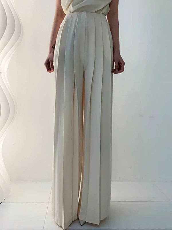 Solid Color Pleated High - Waisted Wide Leg Urban Pants - The Village Retail