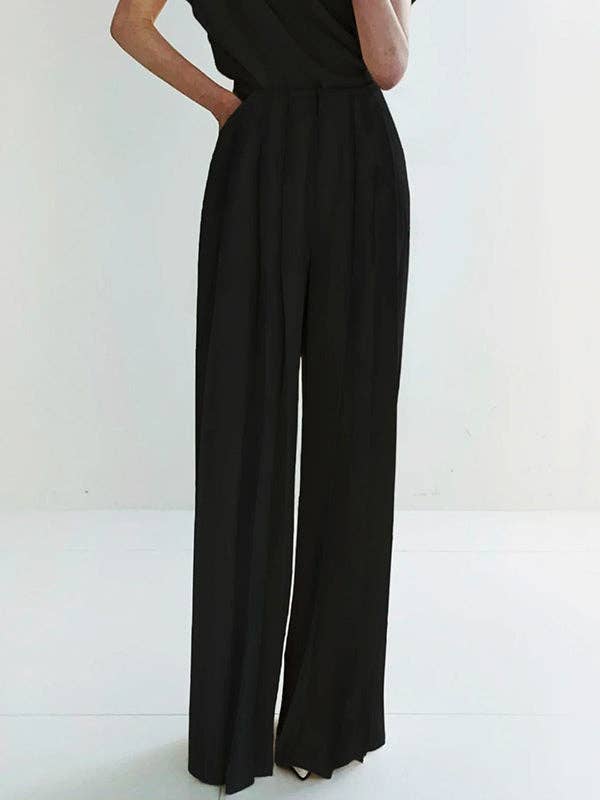 Solid Color Pleated High - Waisted Wide Leg Urban Pants - The Village Retail