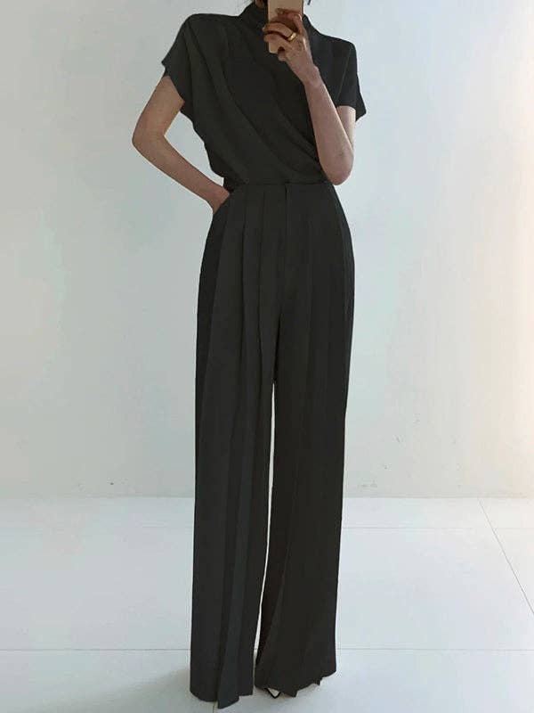 Solid Color Pleated High - Waisted Wide Leg Urban Pants - The Village Retail
