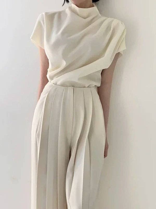 Solid Color Pleated High - Waisted Wide Leg Urban Pants - The Village Retail