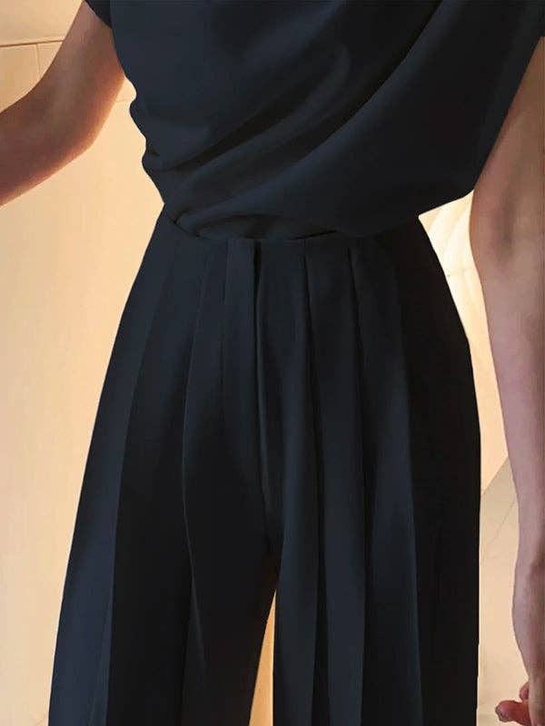 Solid Color Pleated High - Waisted Wide Leg Urban Pants - The Village Retail