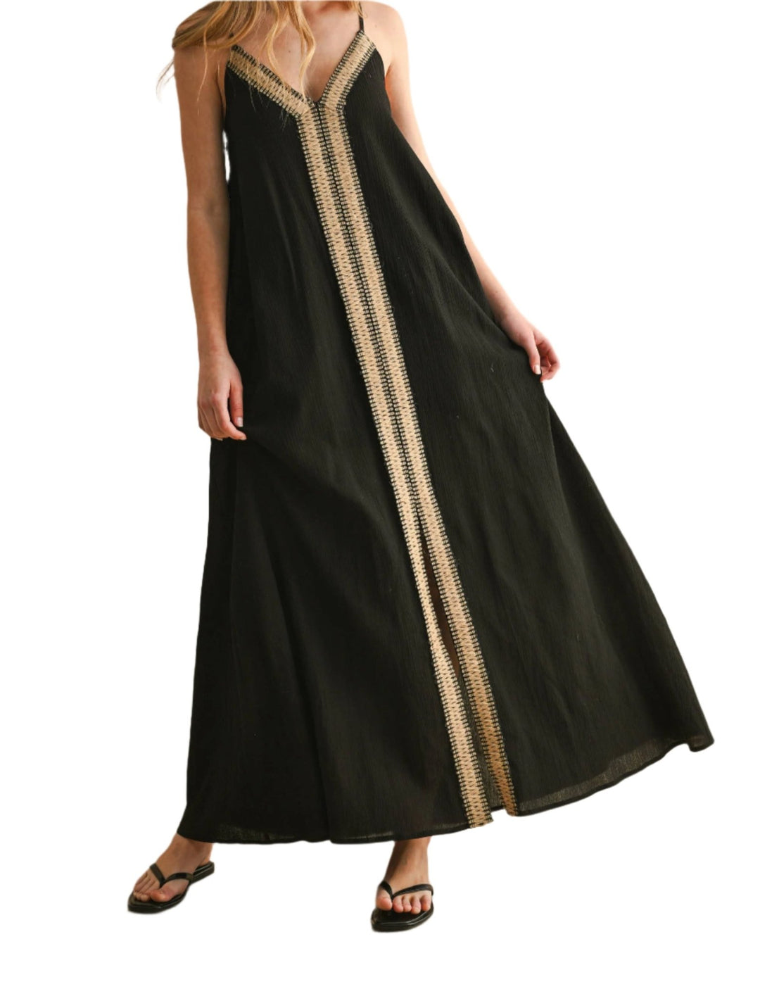 STRAW TRIMED LONG DRESS: Black - The Village Retail