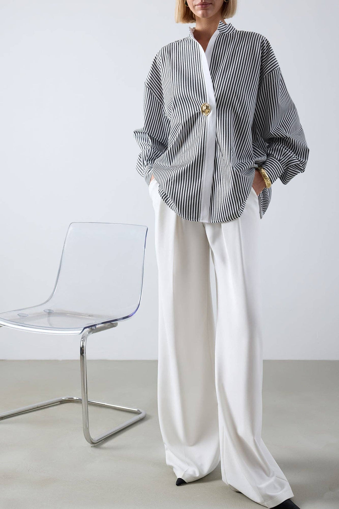 Striped Asymmetric Tunic Shirt - Cotton Blend Oversized - The Village Retail