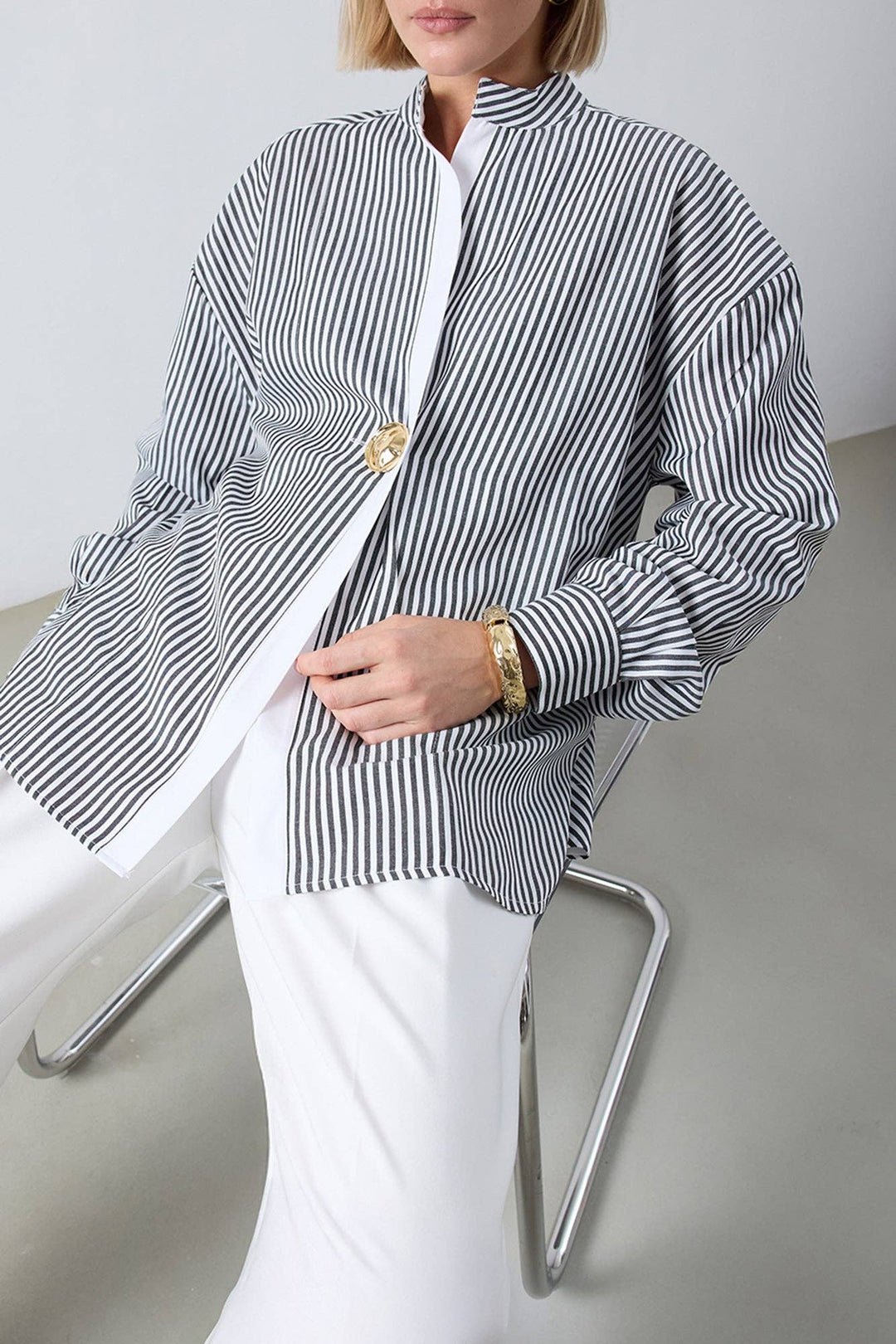 Striped Asymmetric Tunic Shirt - Cotton Blend Oversized - The Village Retail