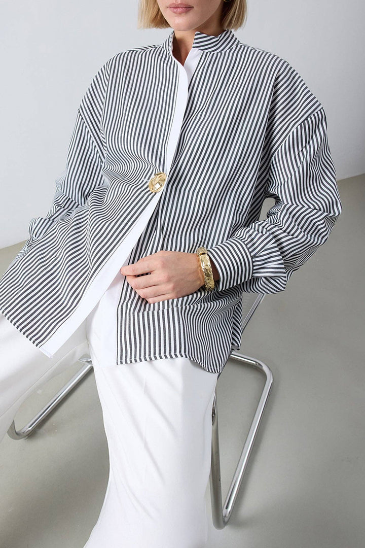Striped Asymmetric Tunic Shirt - Cotton Blend Oversized - The Village Retail