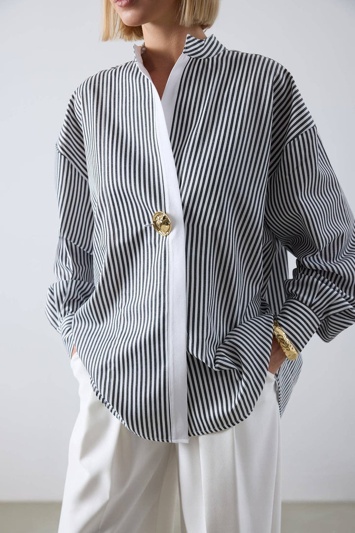 Striped Asymmetric Tunic Shirt - Cotton Blend Oversized - The Village Retail