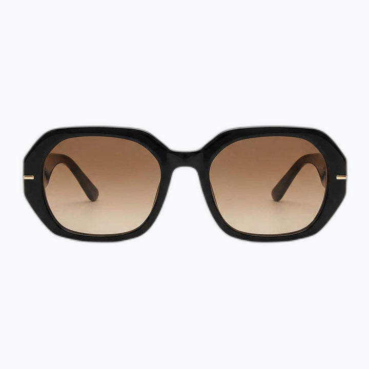 Front view of black Regent oversized square sunglasses with brown gradient lenses and small gold-tone accents.