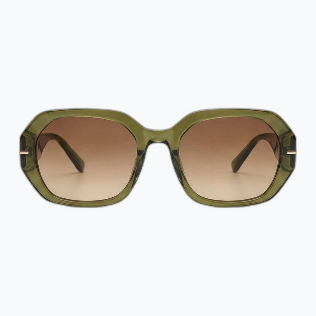 Front view of green Regent oversized square sunglasses with brown gradient lenses and small gold-tone accents.