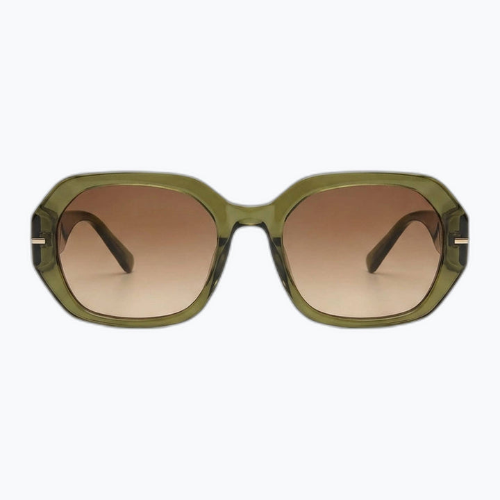 Front view of green Regent oversized square sunglasses with brown gradient lenses and small gold-tone accents.