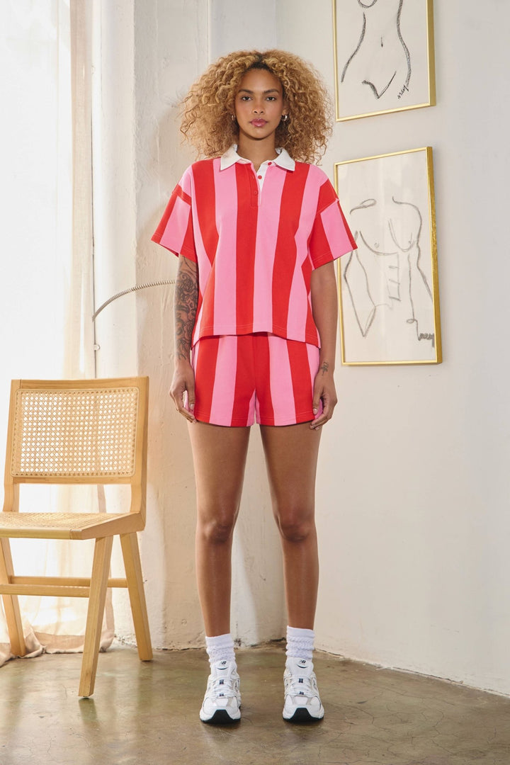 Vertical striped short sleeve rugby top &amp; shorts set - The Village Retail
