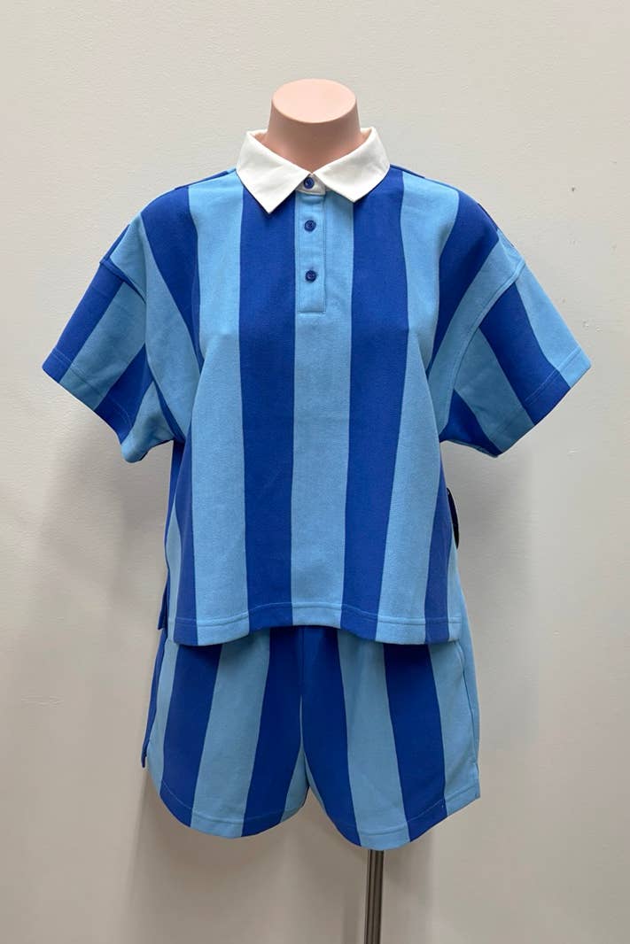Vertical striped short sleeve rugby top & shorts set - The Village Retail