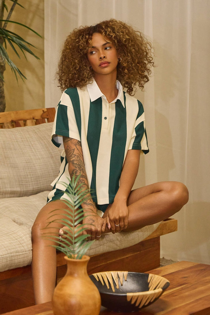 Vertical striped short sleeve rugby top & shorts set - The Village Retail
