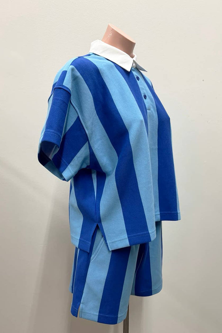 Vertical striped short sleeve rugby top & shorts set - The Village Retail