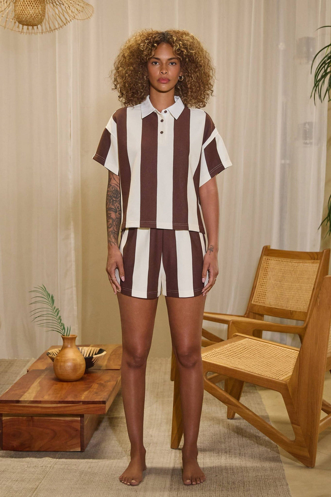 Vertical striped short sleeve rugby top & shorts set - The Village Retail