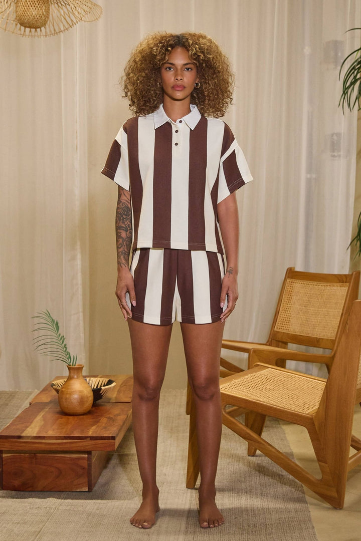 Vertical striped short sleeve rugby top & shorts set - The Village Retail