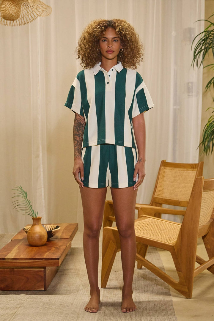 Vertical striped short sleeve rugby top & shorts set - The Village Retail