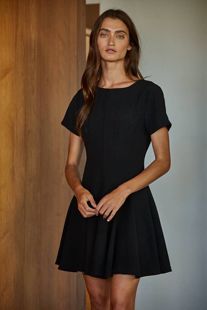 Woven Polyester Short Sleeve Flare Mini Dress S / Black