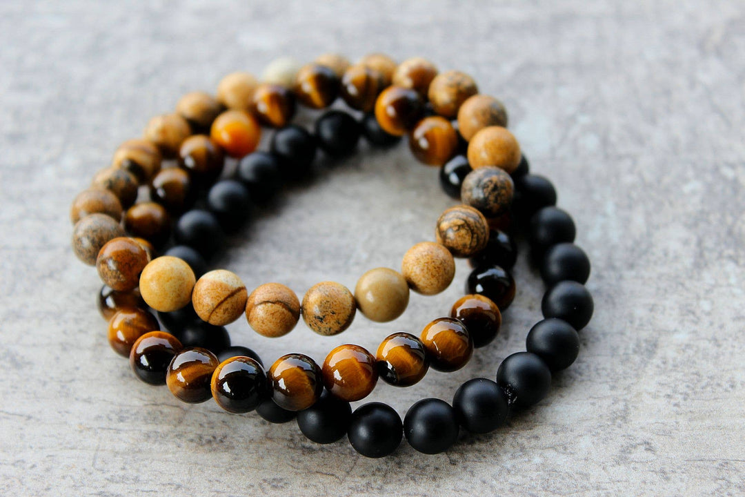 Golden Tigers Eye, Sand Jasper w/ Lava or Onyx - 3pc Set: 6mm / 3pc with Lava Stone - The Village Retail